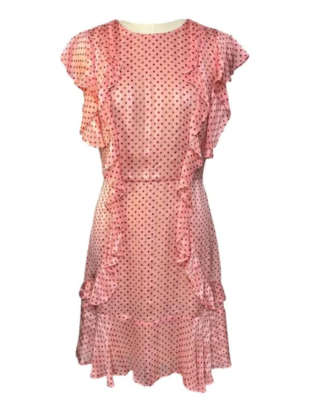 Monique Lhullier Chiffon Mini Dress Pink w/ Red Polka Dots Retro Dainty Ruffles - Picture 7 of 11